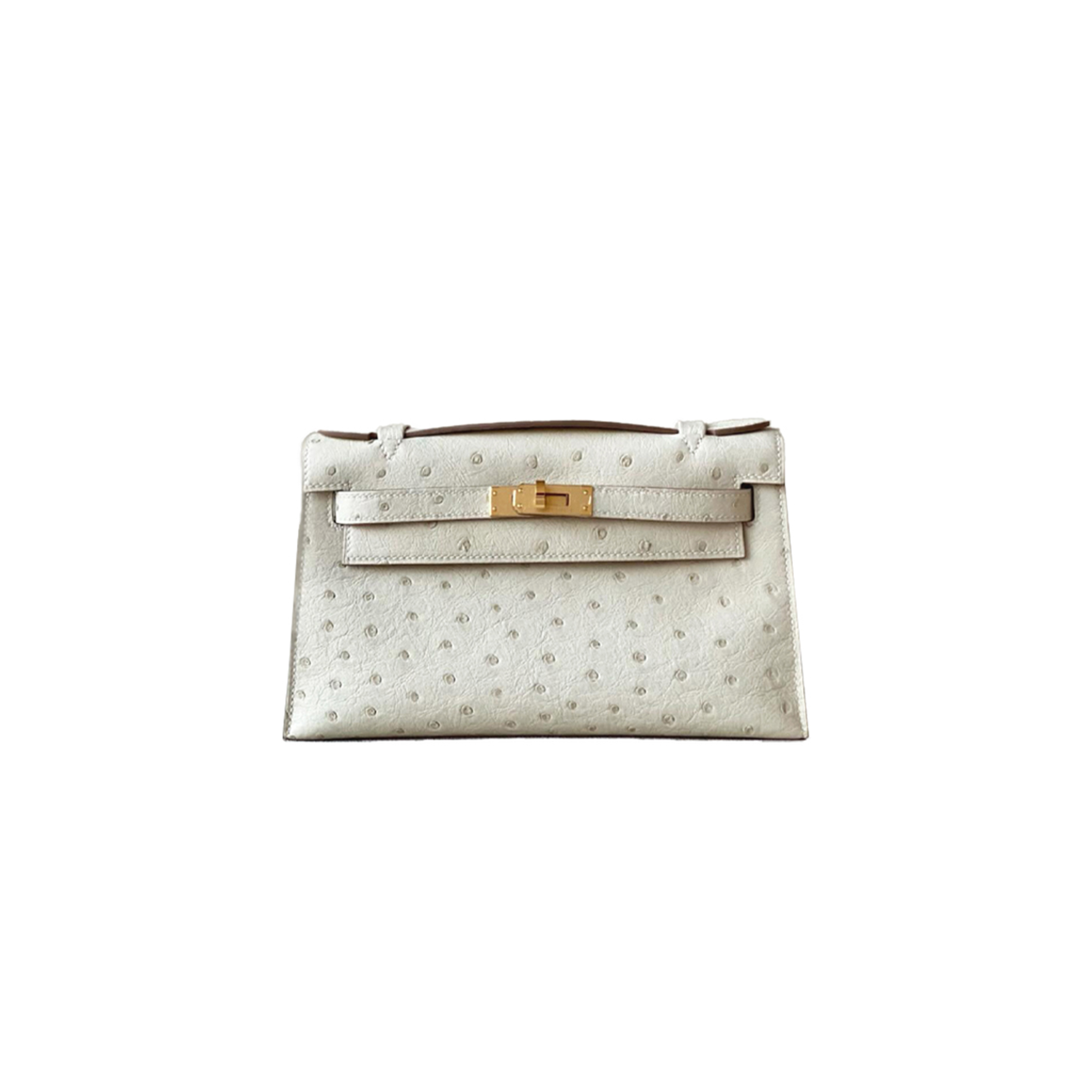 HERMÈS MASTER MINI KELLY GLACIER WHITE OSTRICH LEATHER GOLD BUCKLE (22*14*7cm) 